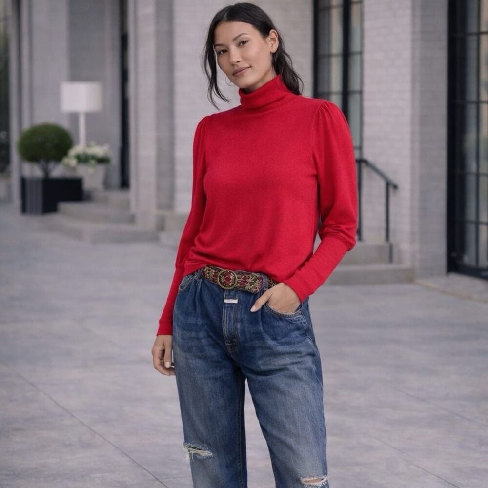 Anthropologie Hot Pink Puff Sleeve Knit Turtleneck Sweater Top Women’s Size XS
